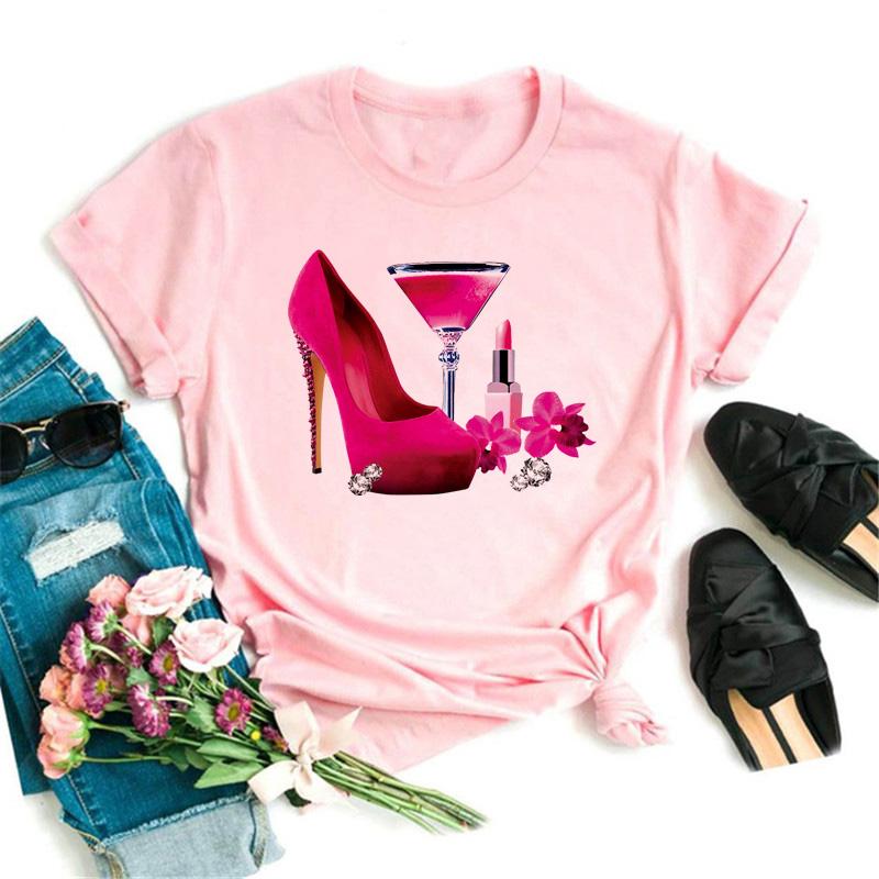 New Rose Gold Wine Glasses Tshirts Women Short-sleeve Tee Shirt Wine Glass Funny T Shirts 90s Ulzzang Female Black Tops Tees