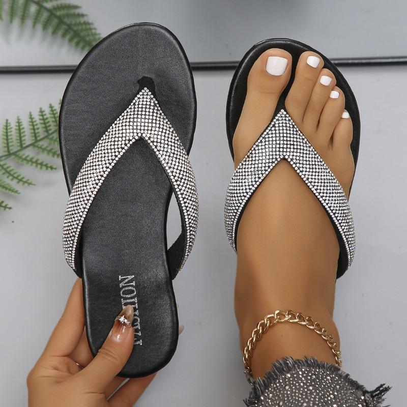 Été, Vacances, Dames, Tongs, Étincelantes, Strass, Plage, Pantoufles de mariage, Semelle épaisse, Talon compensé, Chaussures pour femmes