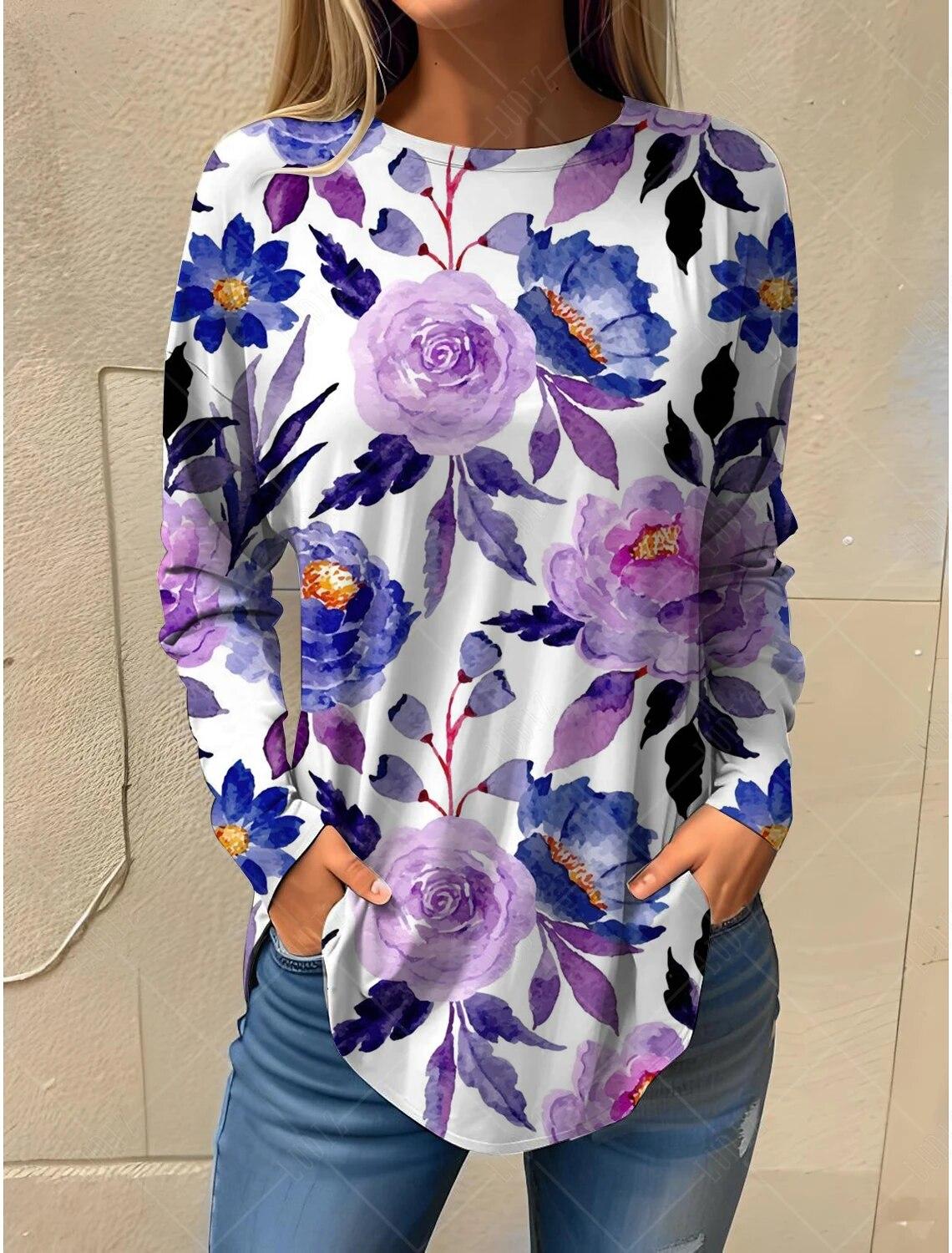 

2024 модные женские осенние пуловеры с длинными рукавами, футболки для женщин, 3d-принтер с цветочным принтом, круглым вырезом, негабаритная повседневная футболка, имитация хлопка, материал 8XL