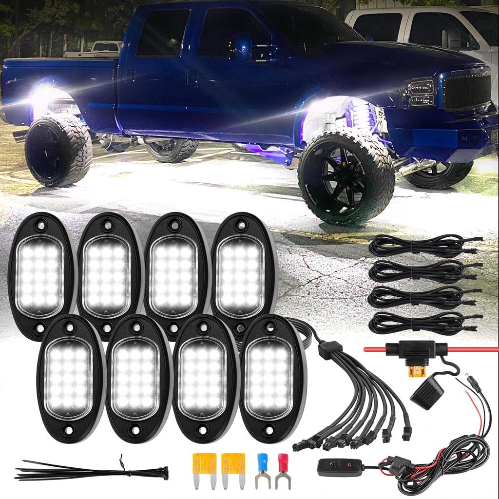 8Pods Pure White LED Rock Lights Kit with Switch Wiring Harness Extension Wire, 6500K 15LEDs Neon Underglow Light Waterproof Fender Lights for Car