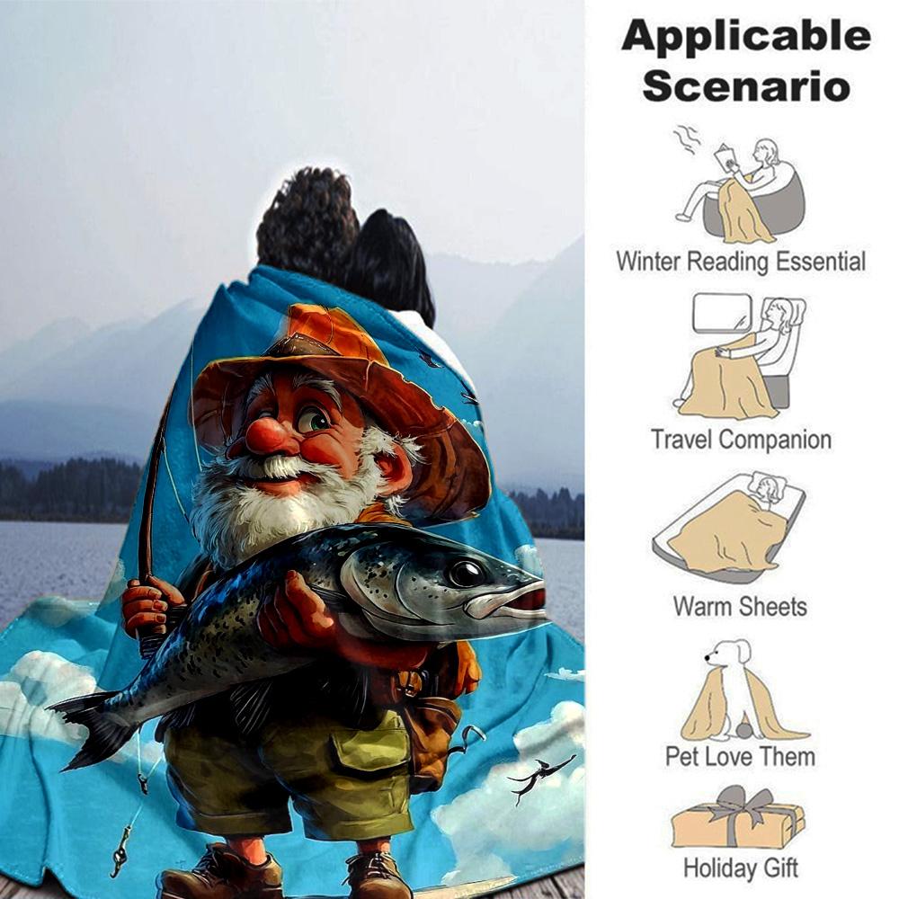 Cartoon Fisher Gnome Big Salmon Print Flannel Blanket Soft Warm Throw Blanket Nature Hobby Sofa Bed Home Decor