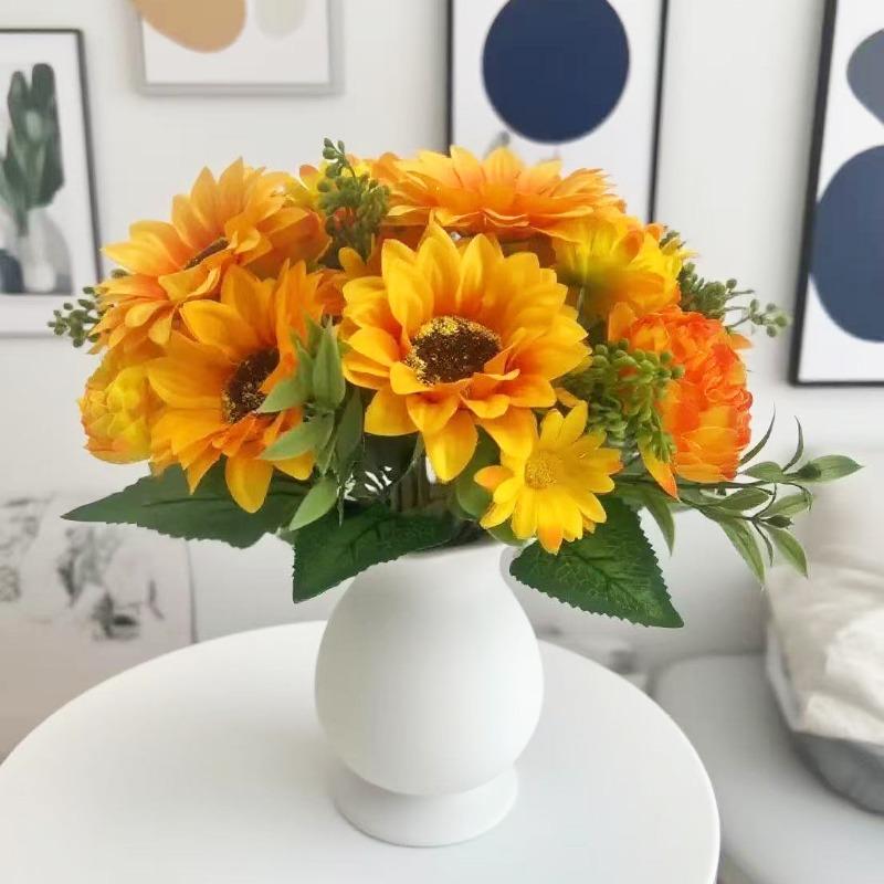 Nordic Artificial Flowers Silk Sunflower Peony Bouquet Garden Decoration Green Plant Fake Flower Simulation Chrysanthemum