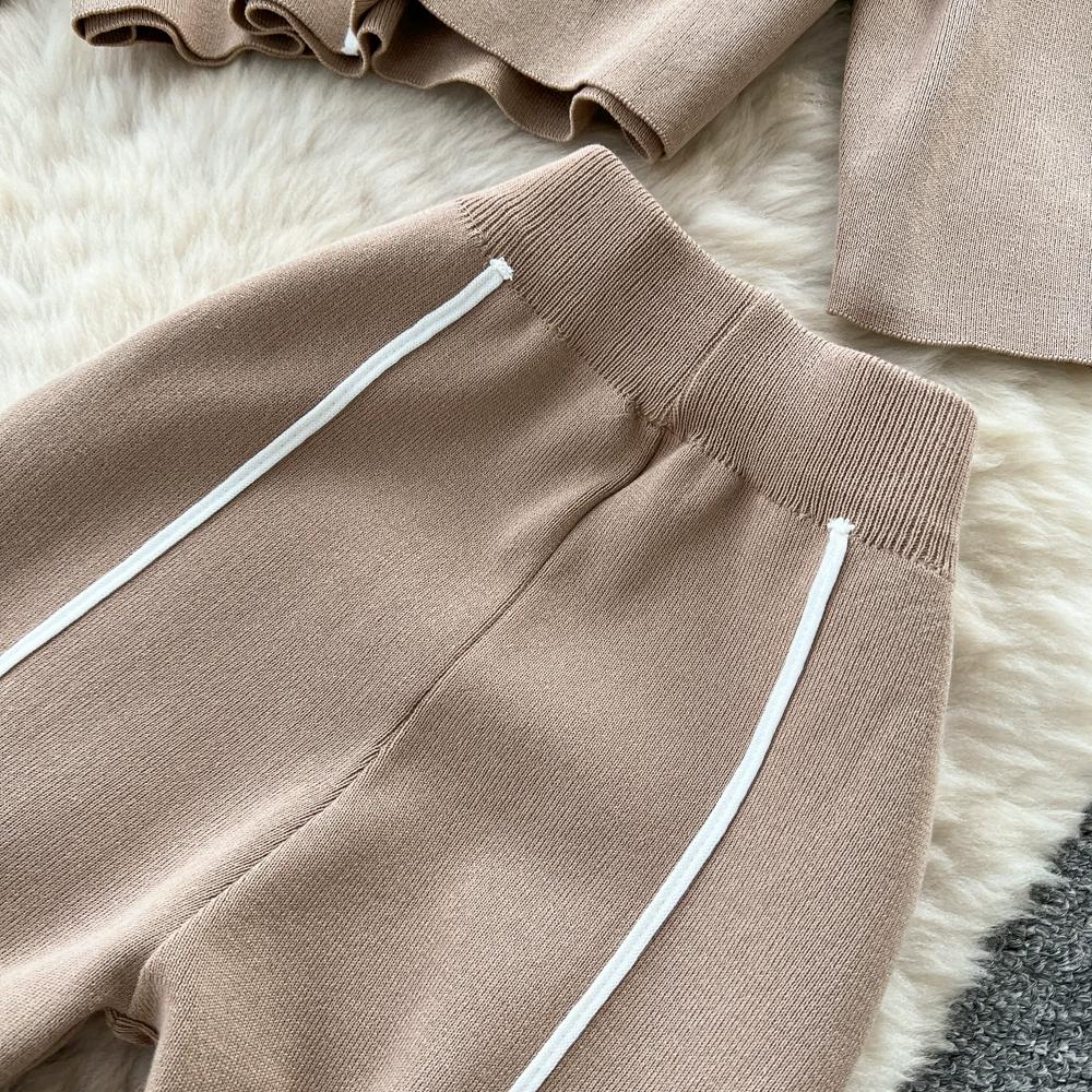 Autumn Winter Women Casual Knitted Sweater Trouser Two Piece Set Full Sleeve Flower Pullover Tops and Wide Leg Pant Tracksuit