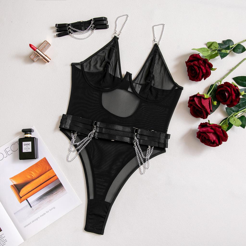 Clothes New Sexy Underwear Sexy Perspective Gathering Chain Slim Neck Gothic Two-piece Conjoined