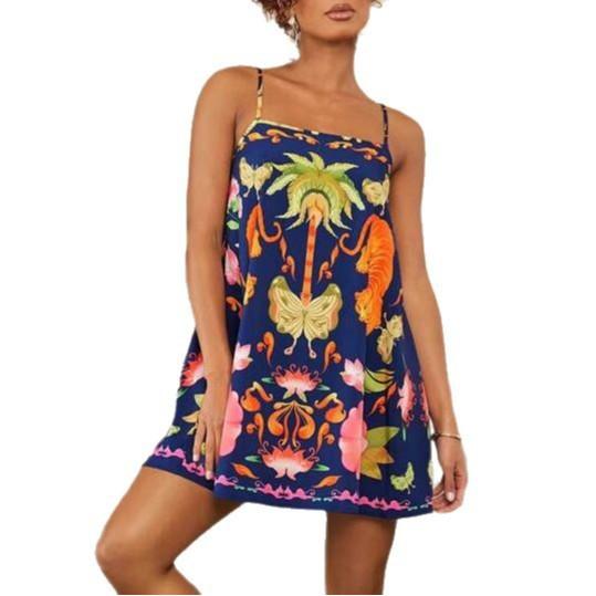 European, American summer bohemian style positioning printing sleeveless suspender short dress women