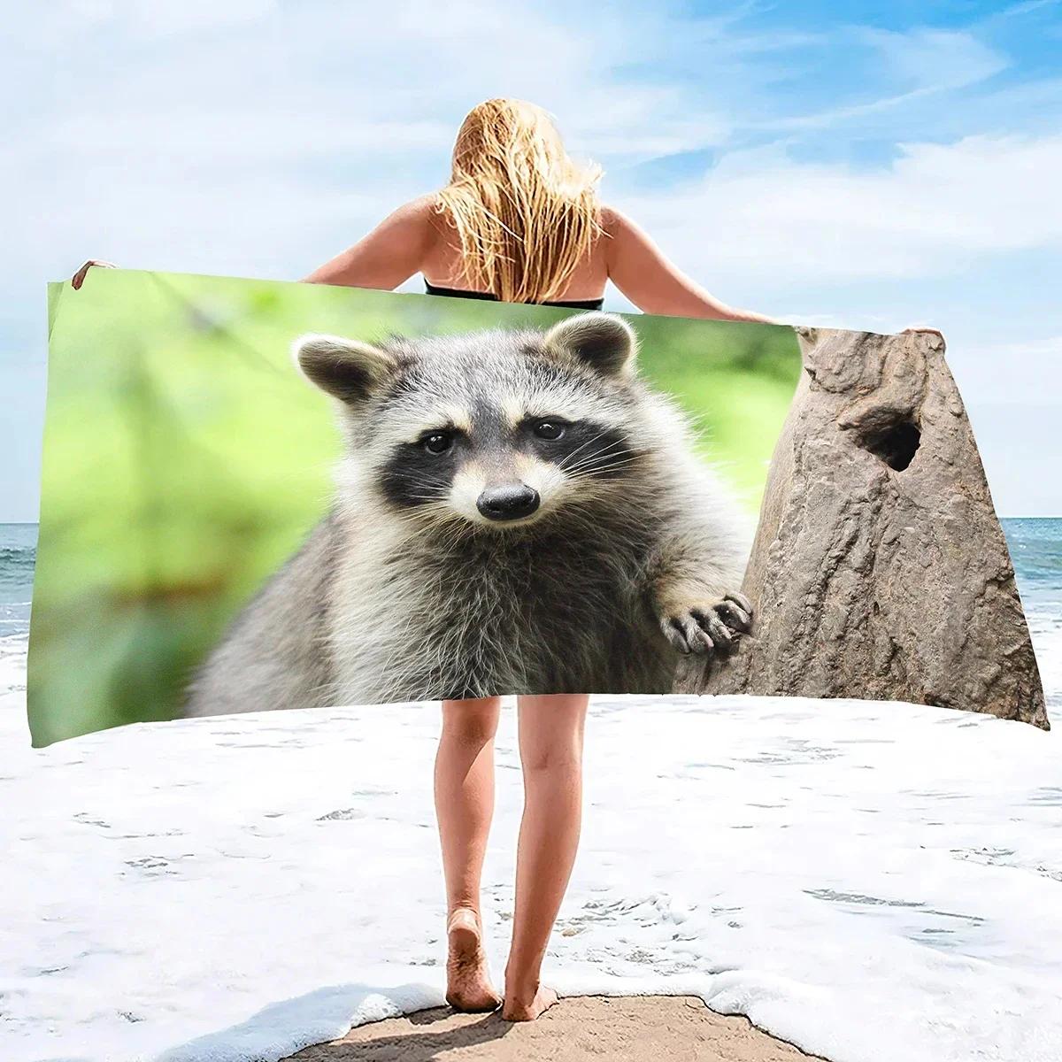 

Cute Raccoon Beach Towel Sand Free Wild Animal Bath Towel for Spa Pool Sport Travel Camping Microfiber Quick Dry Swimming Cover W30*H60(CM)