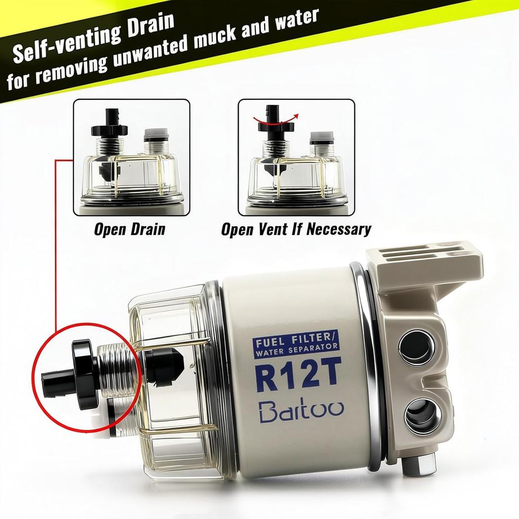 R12T Fuel Water Separator Fuel Filter/Water Separator Marine Complete Kit 10 Micron Filter Replaces Racor S3240 120AT R12T NPT ZG1/4-19 Fit 3/8 Inch