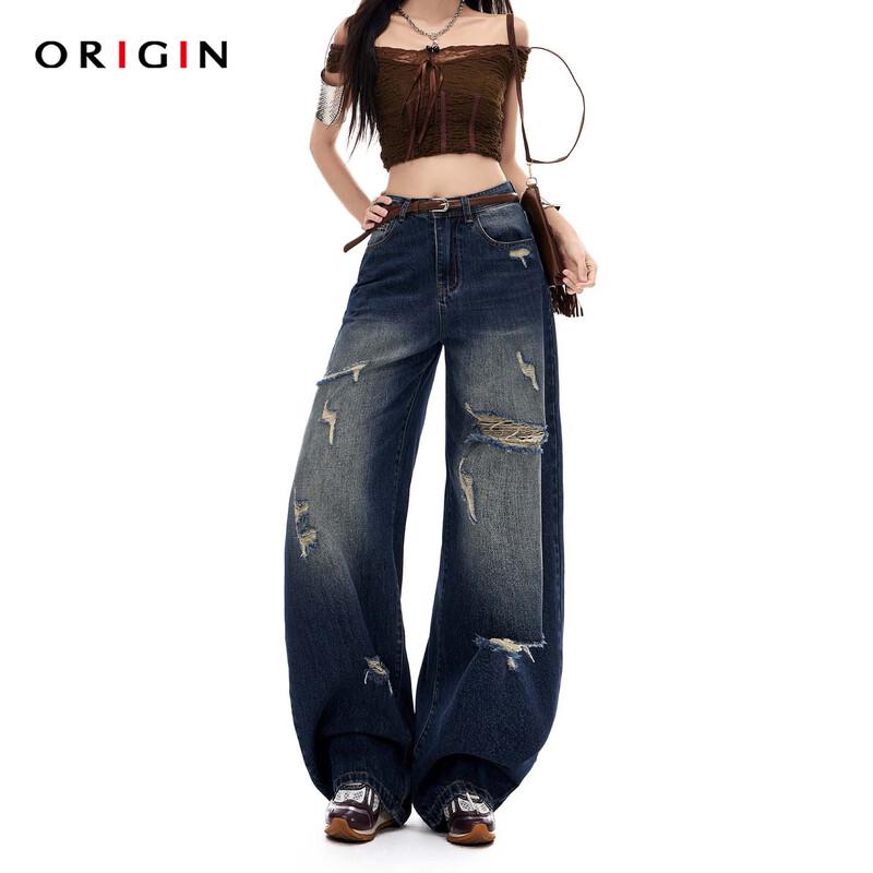 ORIGIN Women s High-Waist Retro Ripped Wide-Leg Jeans M