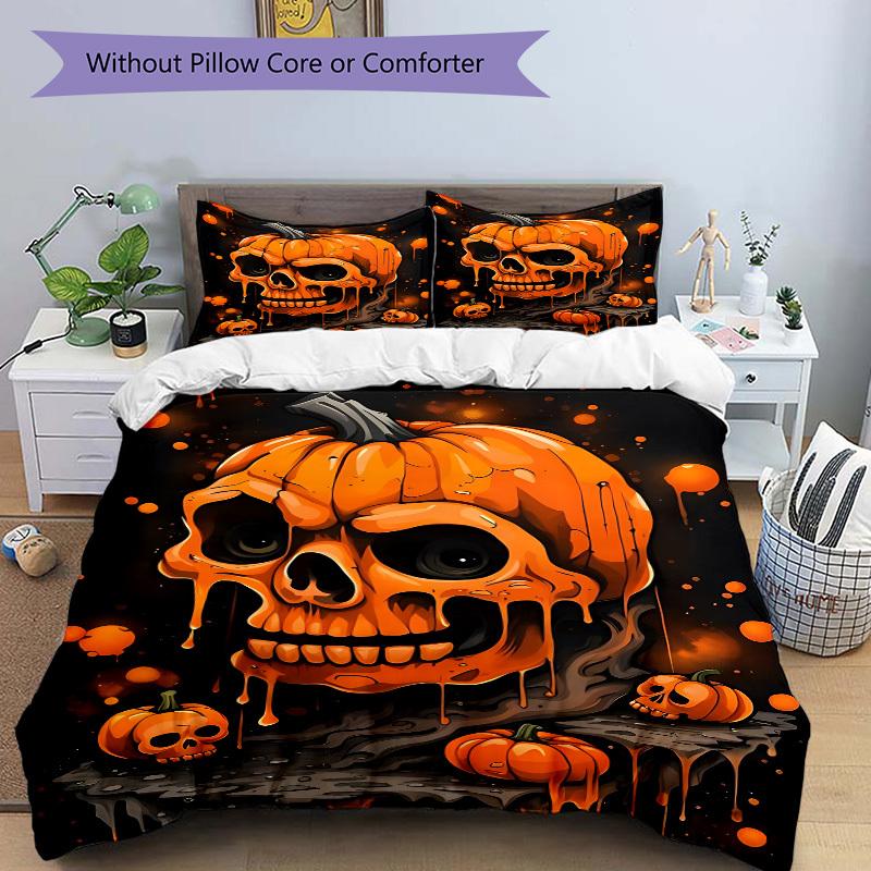 3pcs Halloween Pumpkin Skull Duvet Cover Set - Machine Washable, Includes 1 Cover and 2 Pillowcases, No Core Included yy251013120