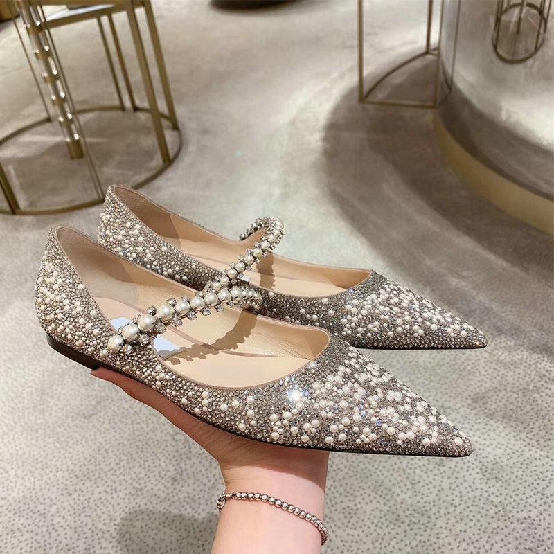 2025 Wedding Shoes Women'S Pearl Crystal High Heels Women'S Stiletto Pointy Net Red Champagne Dress Single Shoes