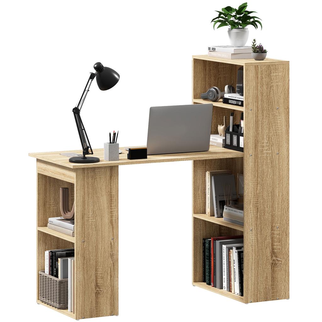 Computer Desk with Storage Shelf Corner Desk Adjacent Bookcase Multi-Storage Oak