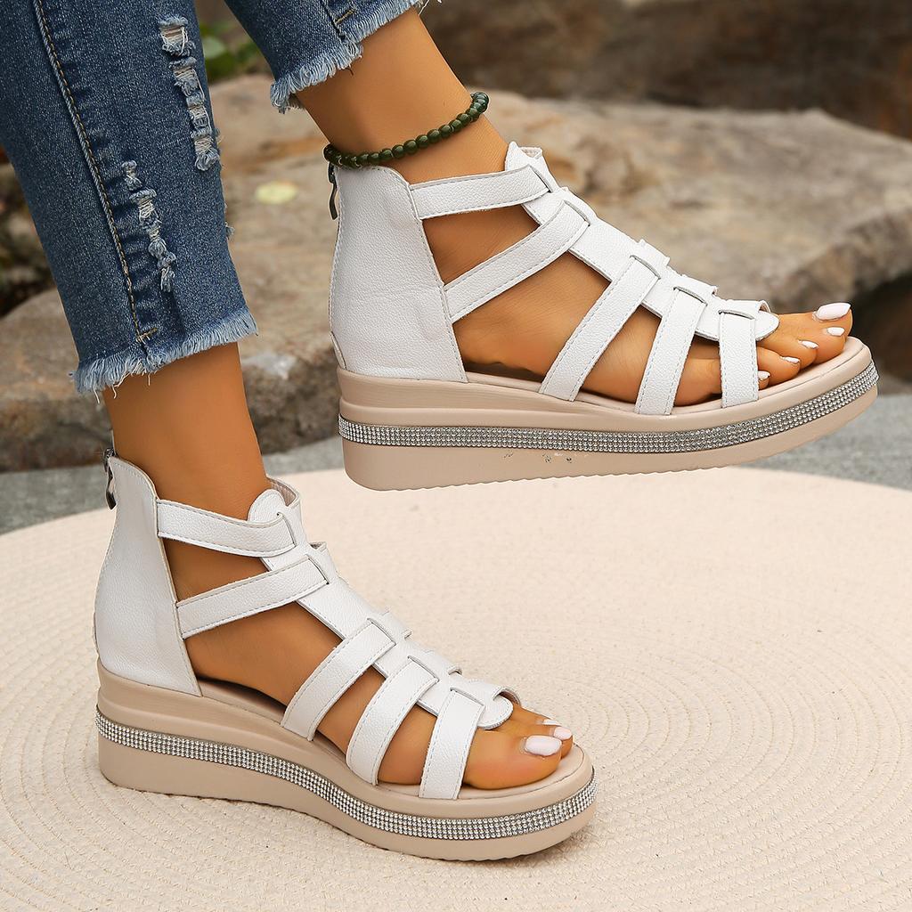 Sandals, Women's, Soft Leather, Wedge Heel, Rhinestone, Thick Sole, Roman Sandals, Hollowed Out, Women's Shoes