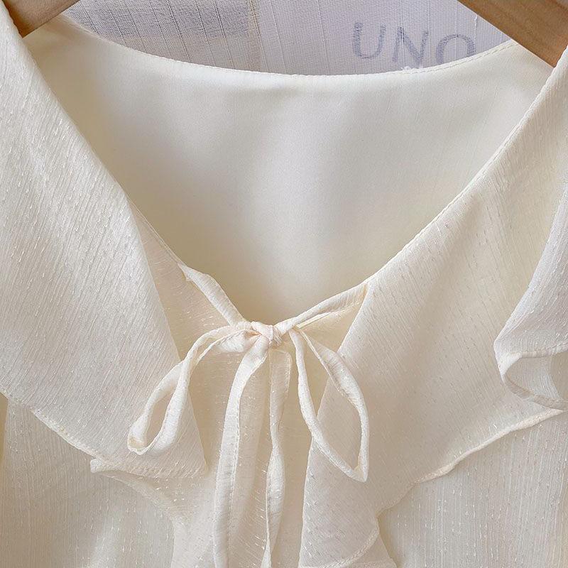 Casual Ruffles V-Neck Shirt Women All-Match Loose Bow Patchwork Blouse Ladies Spring Summer Long Sleeve Shirts