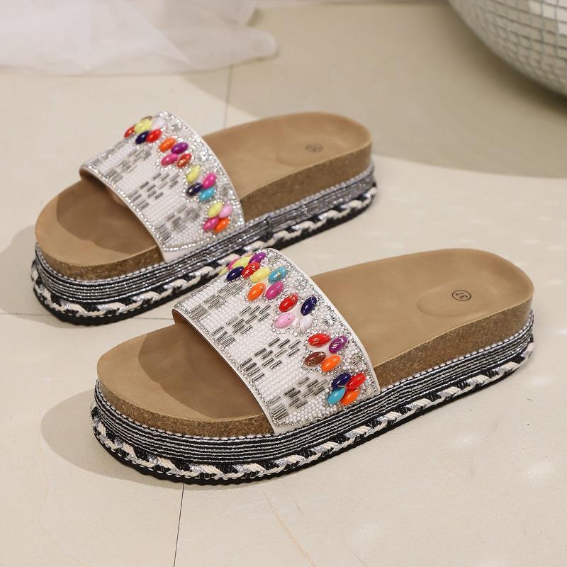 Fashionable Vintage Ethnic Diamond-Face Chunky-Sole Slippers Large Size Outdoor Beach Cork Slippers