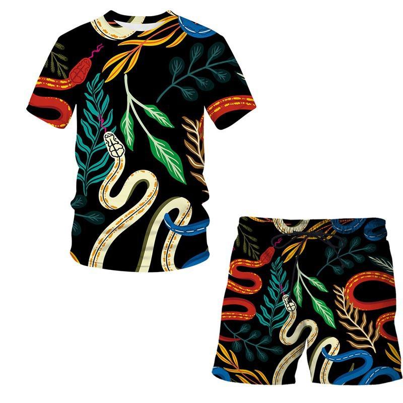 European and American Amazon Summer New Colorful Patterned 3D Print T-shirt Men's Casual Short Sleeve Shorts Short Sleeve Set