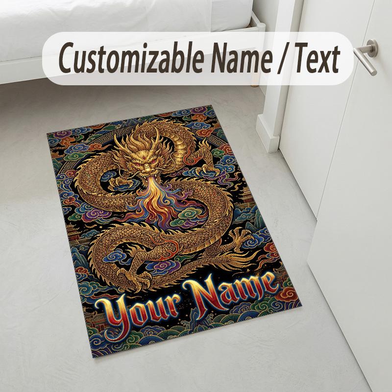 Dragon Phoenix Theme Crystal Velvet Rug Personalized Custom Name Text Soft Floor Mat Home Decor