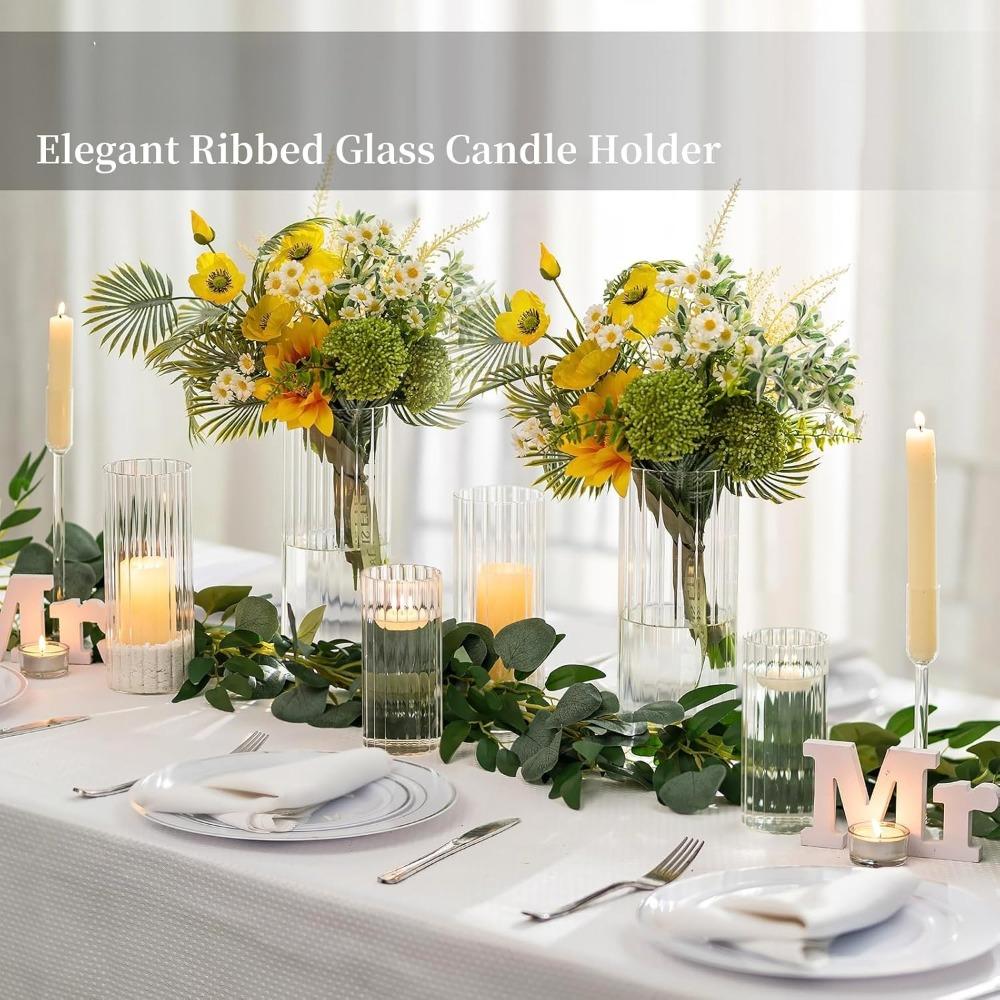 6pcs Ribbed Glass Candle Holder Cylinder Candle Holders for Pillar Candles Clear Hurricane Candle Holder Decorative Floating Candle Vases