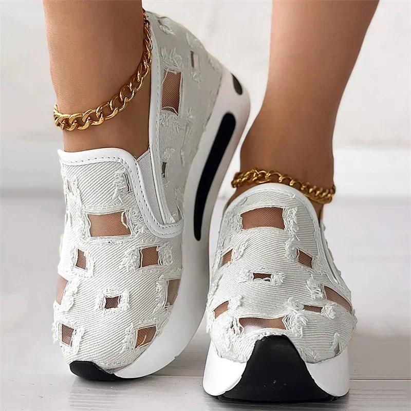 Women Sneakers 2024 Platform Wedge Embroidery Mesh Sneakers Women Slip On Casual Comfy Heeled Shoes for Women Zapatos De Mujer