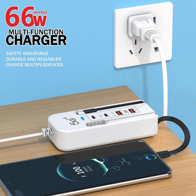 4 Port Usb Charger With Type C Socket Extension Cable Multi Port Dual Pd Fast Charging For Mobile