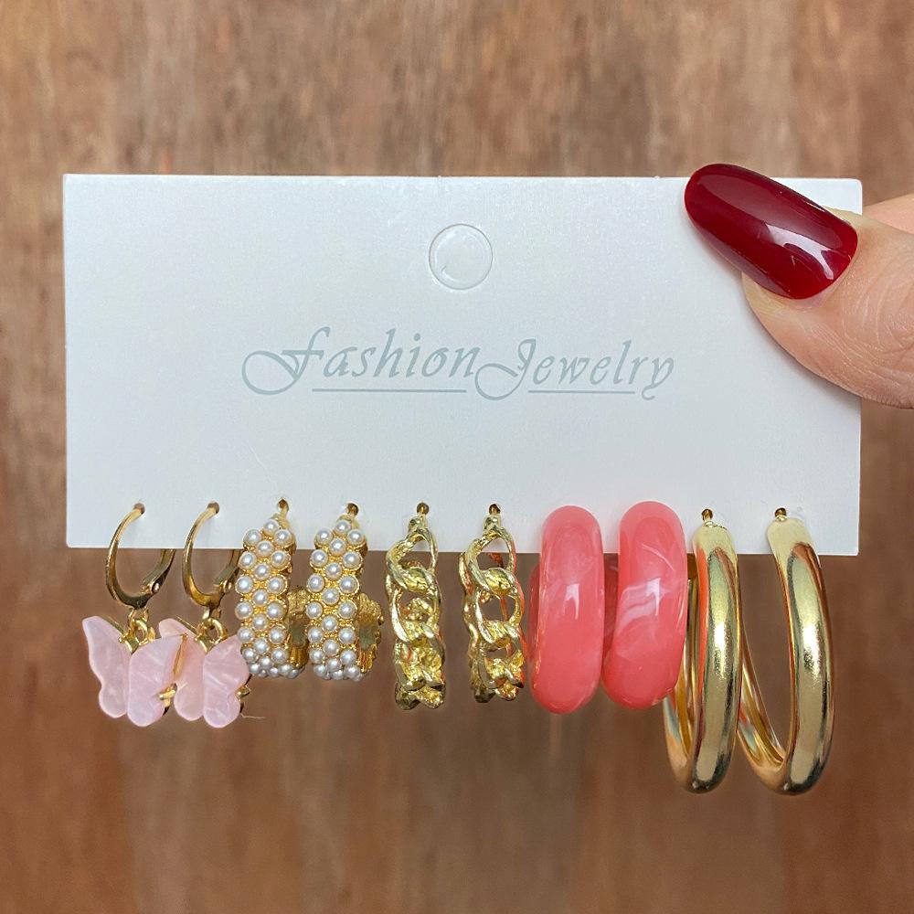 Fashion Imitation Zircon Bead C-shaped Earrings Bohemian Acrylic Pink Butterfly Pendant Hoop Earring Women's Summer Beach Zircon