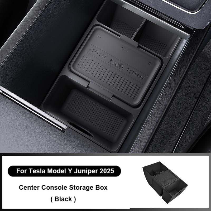 Boîte de rangement pour Console centrale de voiture Tesla modèle Y Juniper 2025, boîte de rangement pour accoudoir, plateau organisateur caché, tapis