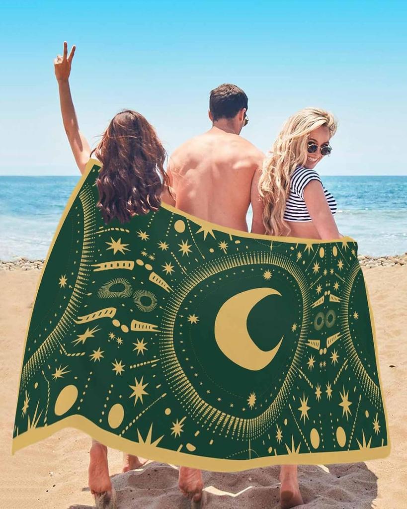 Beach Towel Stars Moon Bath Pool Towels Green Geometric Gorgeous Starry Night Soft Absorbent Beach Towel Lightweight Large Quick