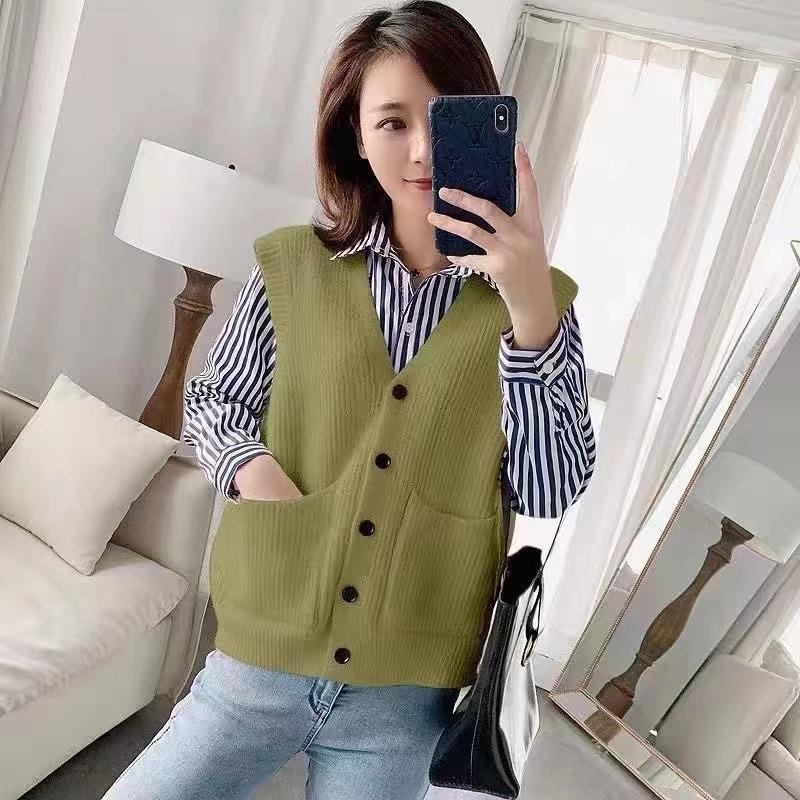 

Жилет-свитер женский свободный мягкий клеевой V-образный вырез спандекс трикотажный жилет-свитер куртка без рукавов кардиган L дубильная кора