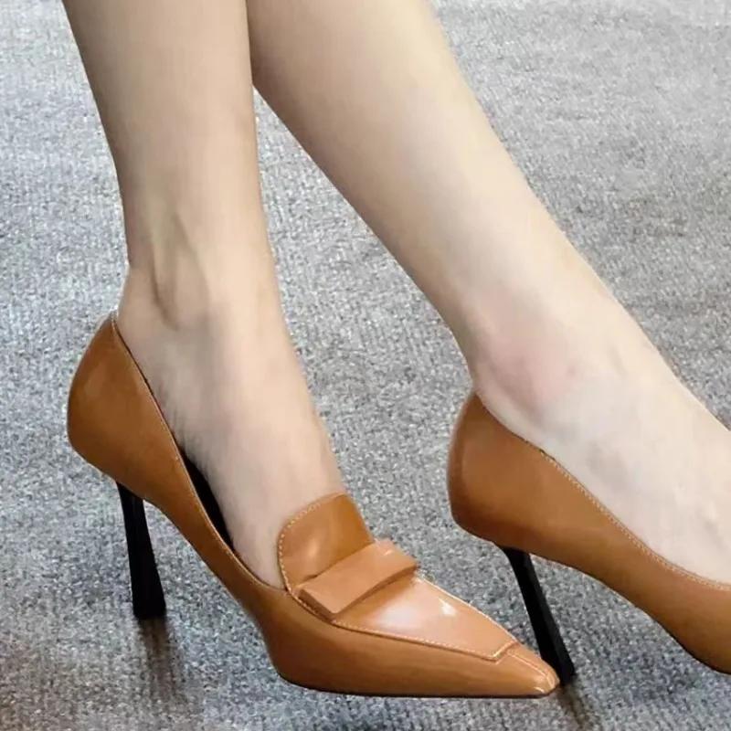 

2026 spring and autumn new black retro pointy thin with sexy single shoes women deep mouth professional commuter high heels 34 коричневый