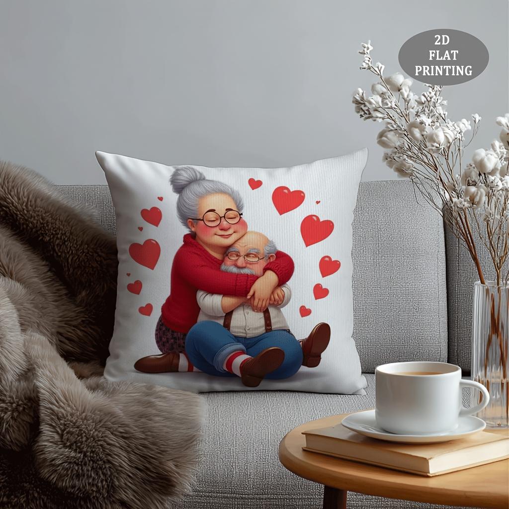 1pc Large Elderly Couple Embracing Love Design Throw Pillow Cover - Soft Plush Cushion Cover Suitable for Sofa Bed Chair