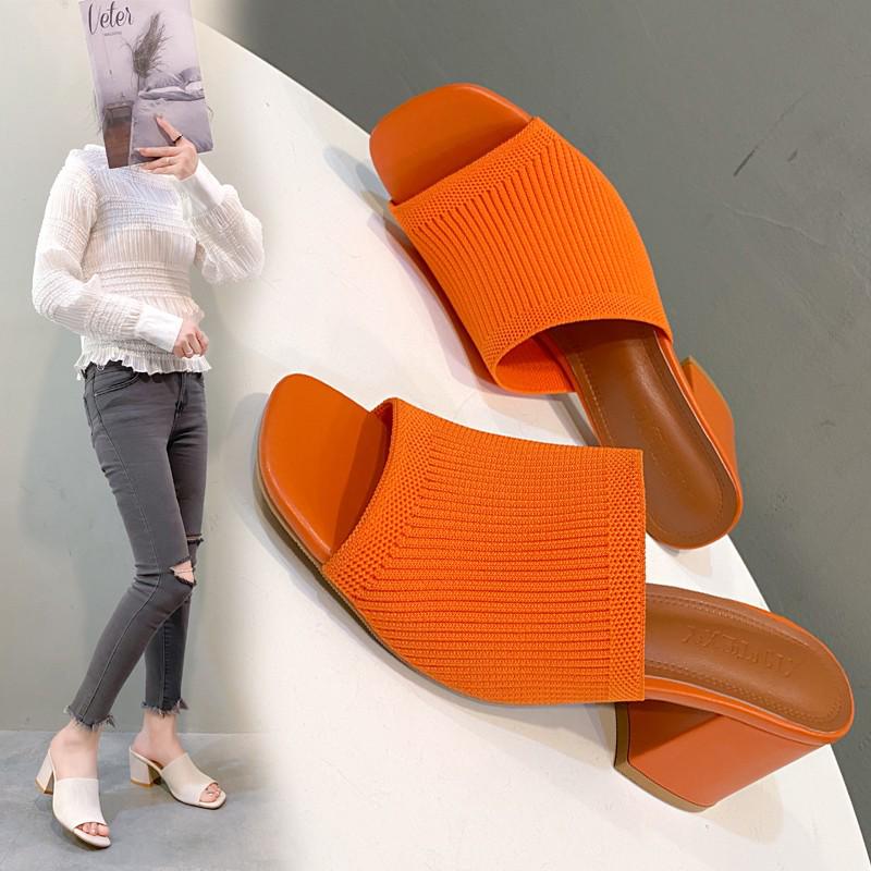 Women's Summer Plus Size Flyknit High Heel Mules Breathable Chunky Heel Fashion Sandals