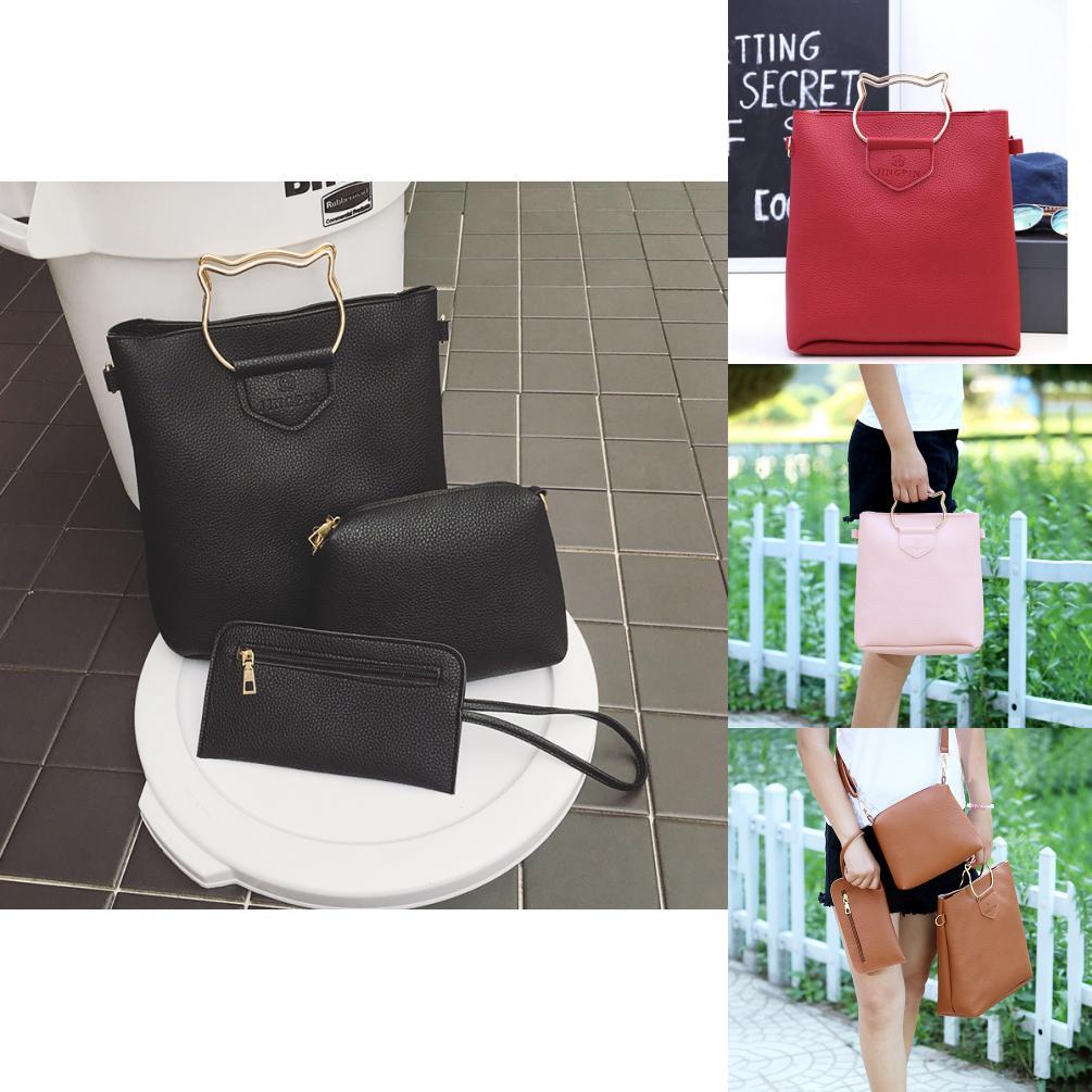 Korean Creative European And American Simple Cat Iron Handbag Three-piece Set Soft Pu Material