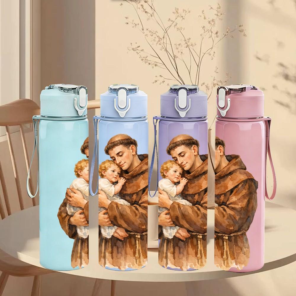 1PC Saint Joseph Holding Baby Print 750ml Color Plastic Sports Water Bottle Leakproof Flip Straw Lid Suitable for Sports Office Home Use