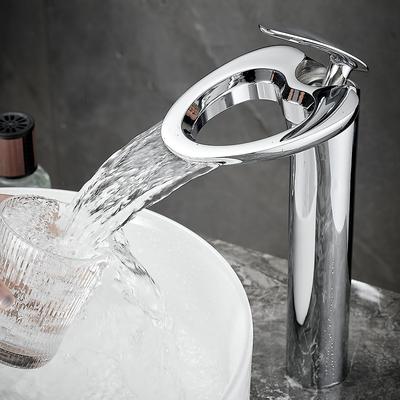 Grifos de Lavabo Grifo de Baño Moderno Plateado Grifos de Cascada Grifo de Agua Fría y Caliente de un Agujero Grifo de Lavabo Grifos Mezcladores 855965