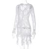 Women Solid Color Long Sleeve Sexy Lace Sheer Deep V High Waist Bodycon Mini Dress