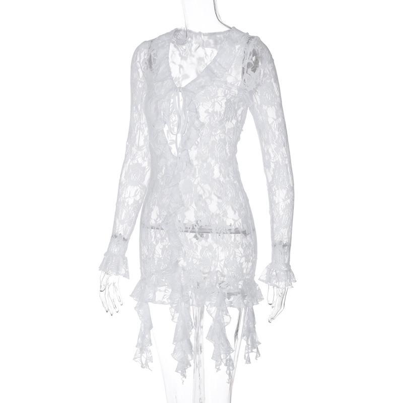 Women Solid Color Long Sleeve Sexy Lace Sheer Deep V High Waist Bodycon Mini Dress