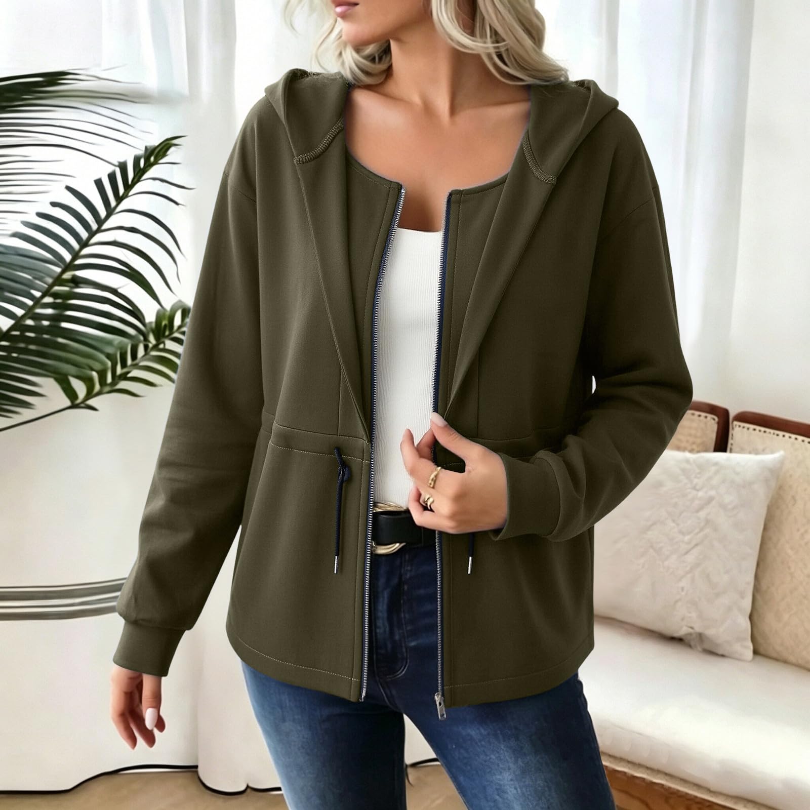 Women s Casual Zip-Up Hoodie Sweatshirt with Pockets L