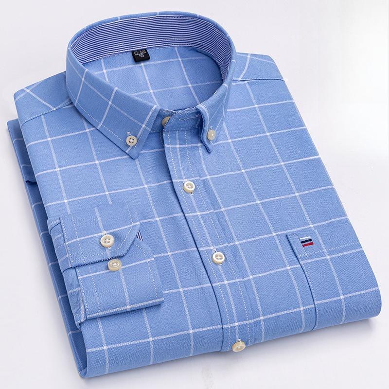 Men's Oxford Long Sleeve Square Collar Soild Plaid Striped Summer Casual Shirts Single Pocket  Shirt