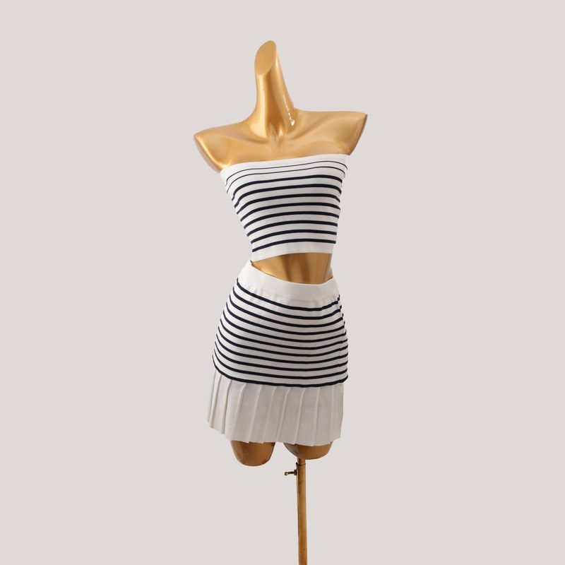 

Fashion Style Women s Clothing Tube Top Vest High Waist Pleated Skirt Two-piece Set Summer New Fashion Outfit Stripes M
