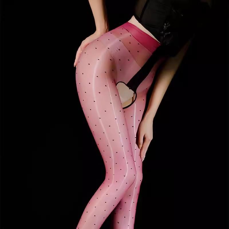T Open Crotch Black Dot Sexy Stockings Elastic Waistless High Rise Oil Shiny Foot Shaped Erotic Tights Women Skinny Pantyhose