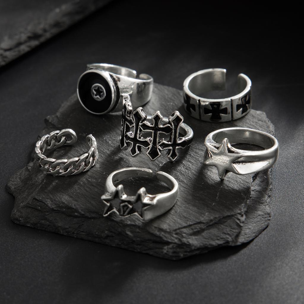 SHIXIN Lot de 6 bagues gothiques ouvertes en forme de croix et d'étoile pour homme, style punk géométrique, larges et ajustables, accessoires de bijoux pour Halloween