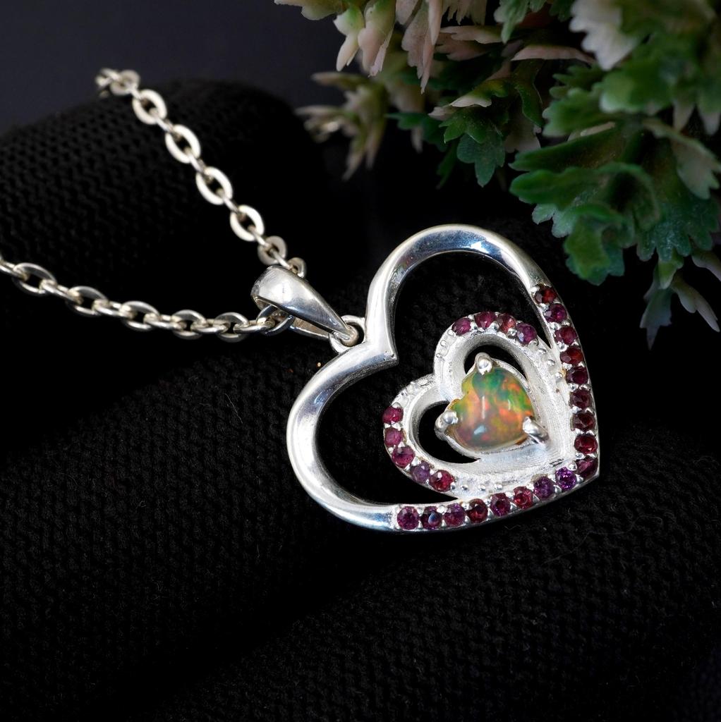 Ethiopian Opal and Garnet Sterling Silver Pendant - Gemstone Jewelry