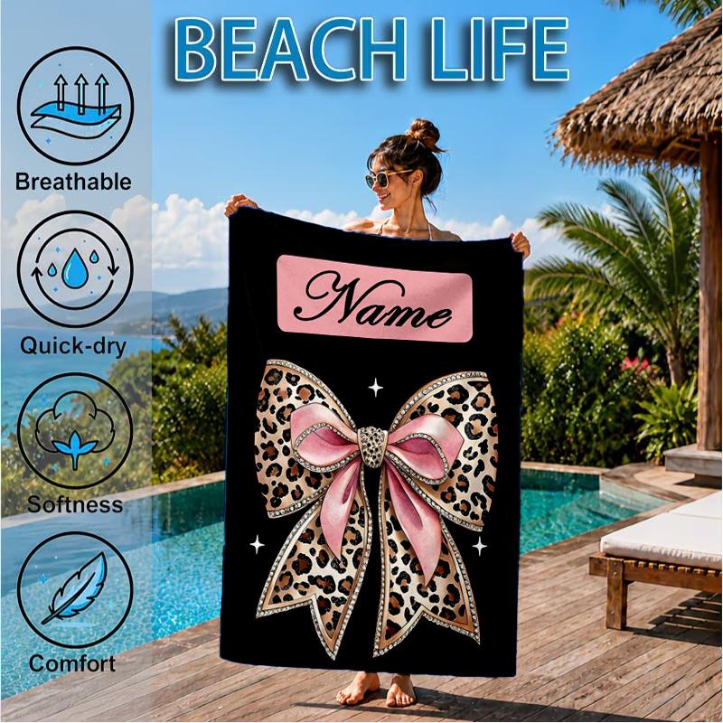 Custom Name Leopard Print Bow Beach Towel Microfiber Beach Towel, Lightweight and Quick-Dry, for Summer Travel, Swimming Pool Gift
