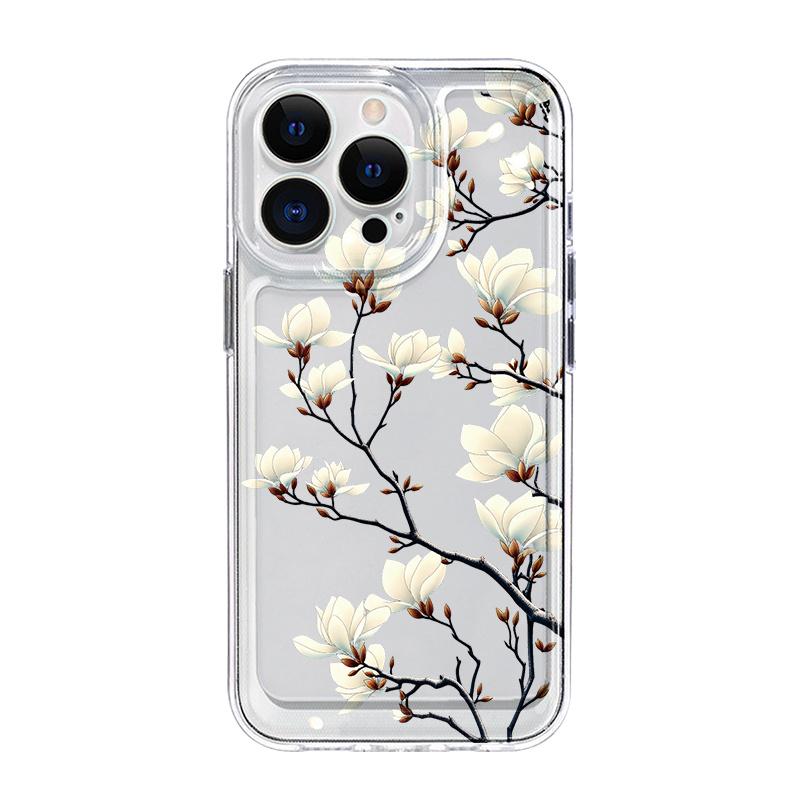 Magnolia branch pattern mobile phone case suitable for iPhone 17 16 15 14 13 12 11 Pro/ Max /Plus anti-fall and shockproof