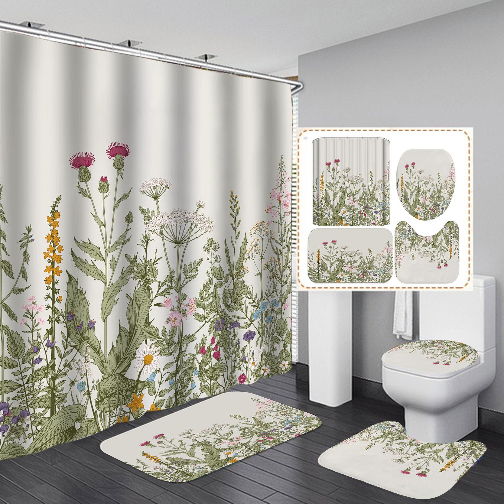 

4Pcs Flower Series Набори завіс для душу для ванної кімнати Нековзкі килимки для ванної кімнати Кришка для унітазу Килимок для ванної кімнати 4Pcs