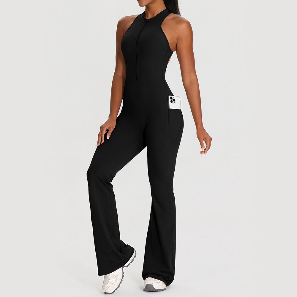 European and American Sleeveless Yoga Bodysuit with Strap Pocket, Sexy Open Back, Hip Lifting Flared Jumpsuit