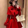 Hepburn Prelude Red Shawl Cloak & Waist-Cinching Dress Set - Elegant Autumn/Winter Women's Two-Piece