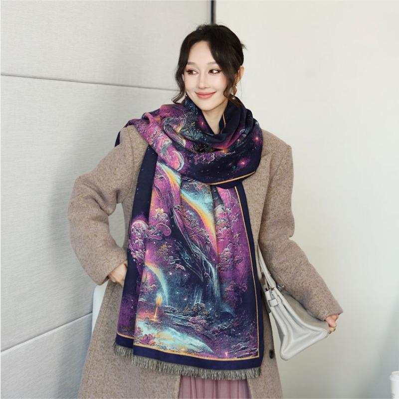 Dream World oil painting scarf women's autumn and winter new imitation cashmere shawl temperament with warm shawl scarf