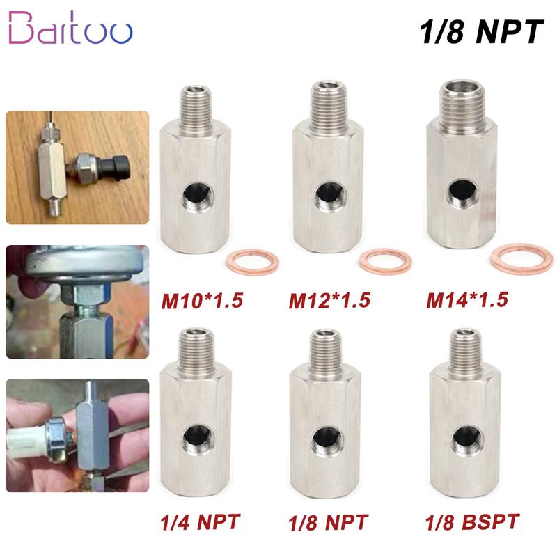 Side Holes Oil Pressure Sensor Connector 1/8 NPT Female To 1/4NPT 1/8NPT 1/8BSPT M10 M12 M14*1.5 Feed Line Gauge Tee Adapter