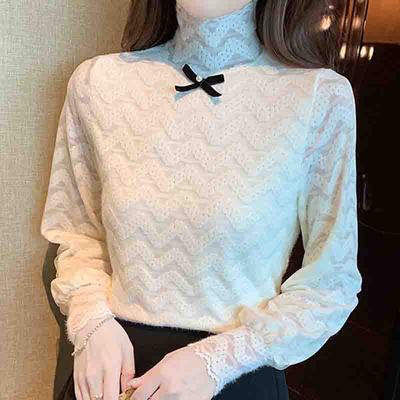 Fashion New 2024 Autumn Winter Long Sleeve Bow Turtleneck Slim Apricot Velvet Lace Blouse Shirt Women Tops Blouses Shirts J763