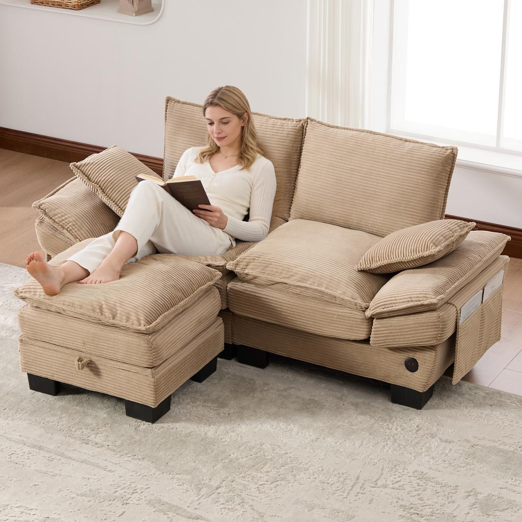 Modular 2-seater Corduroy Sofa (with Ottoman) – Wide Seat, Ergonomic Design, High-density Foam Padding, USB-C Port, Side Pockets. Khaki